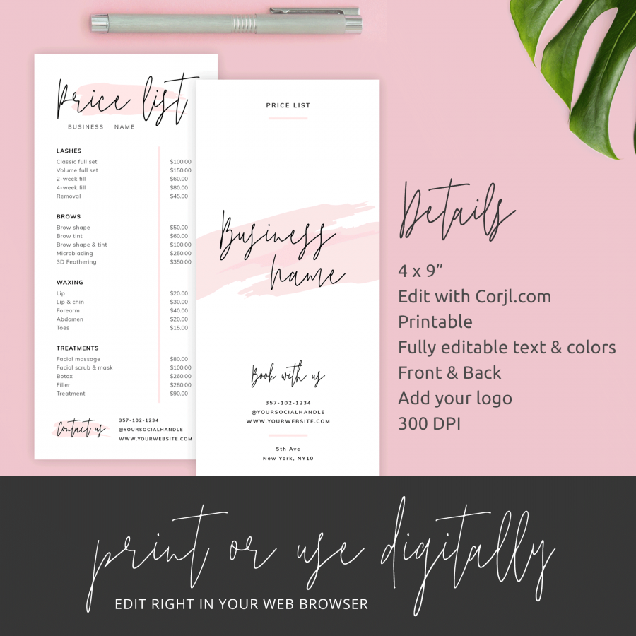 Feminine Price List Template - Editable Pricelist - Pink Watercolor