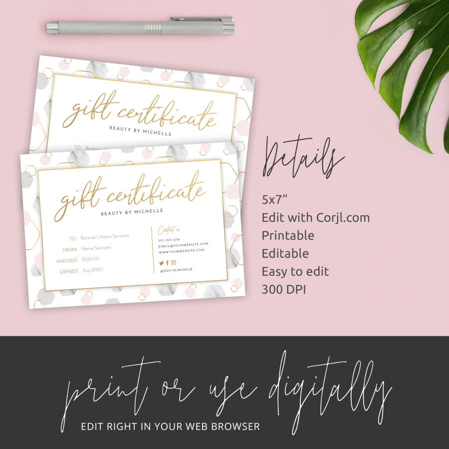 Printable Gift Certificate Template: Beauty Salon Gift Voucher Corjl