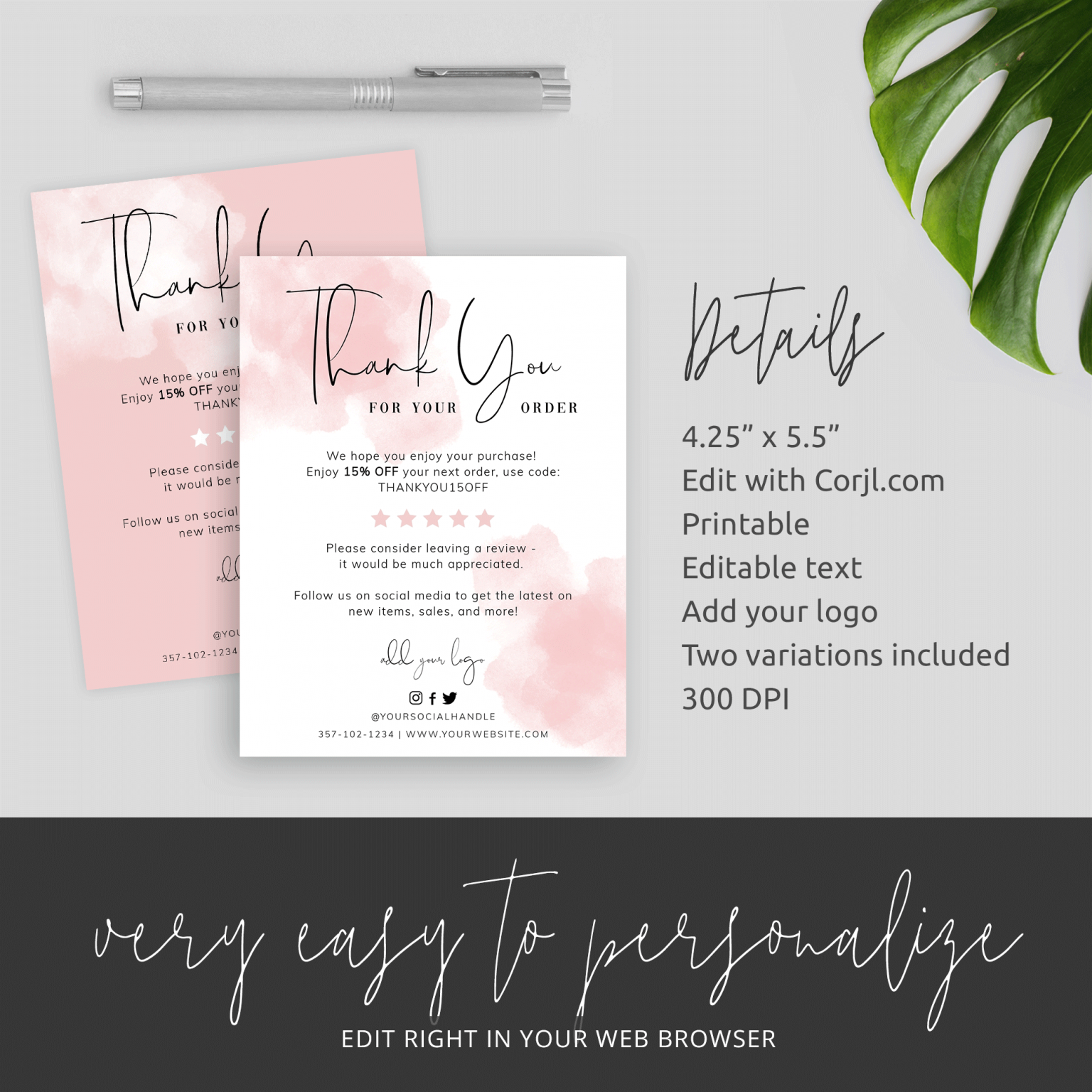 Pink Watercolor Thank You Card Template - DIY - Printable