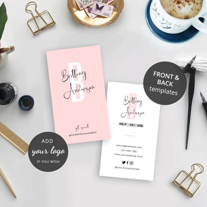 pastel pink and white vertical business card template