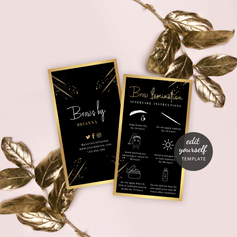 brow lamination aftercare instructions card template with a black background and faux gold effects