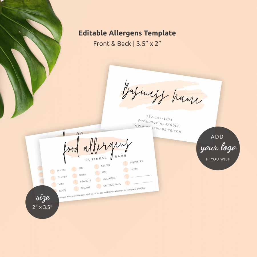 Food Allergy Card Template: Printable Allergen Form List Template