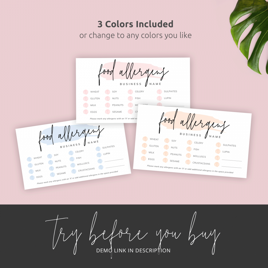 Food Allergy Card Template: Printable Allergen Form List Template