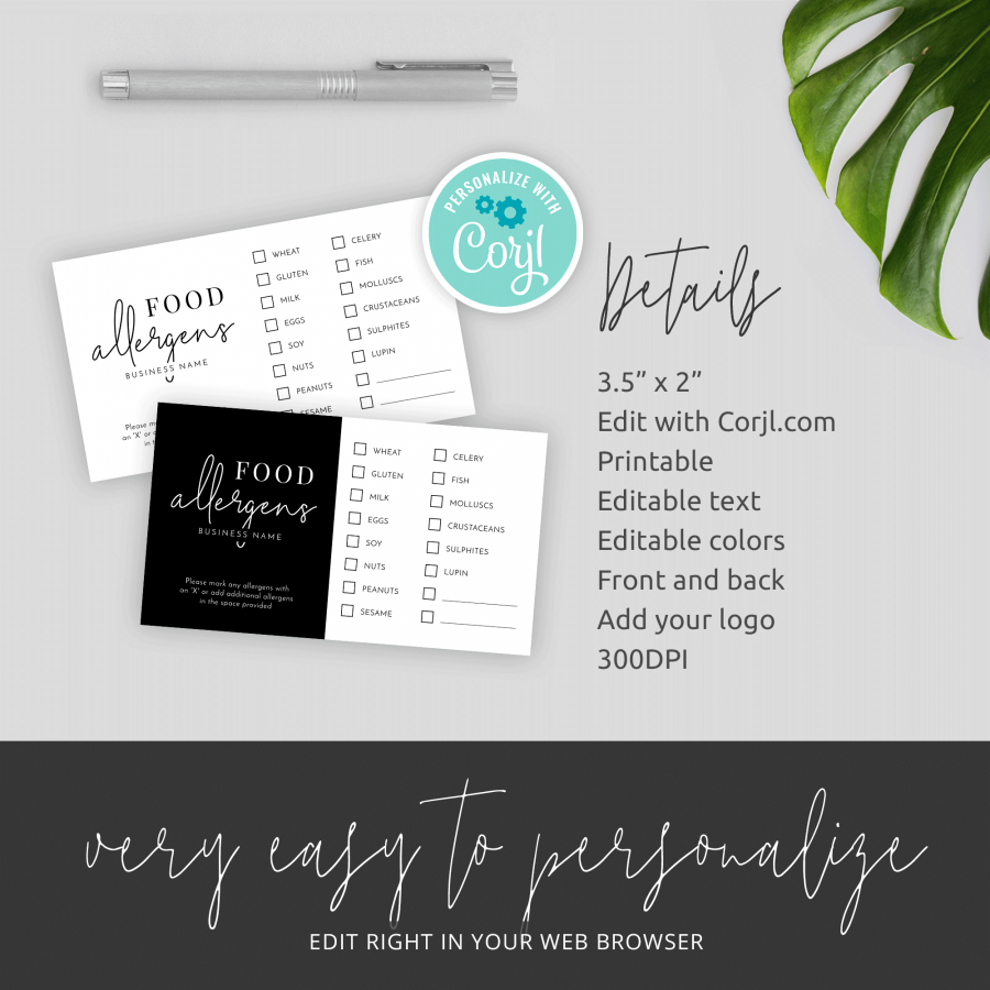 Food Allergens Template - Printable Allergy Checklist - Instant Card