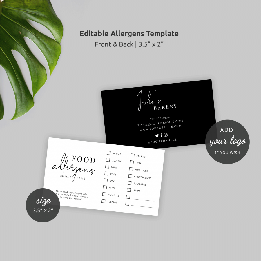 Food Allergens Template - Printable Allergy Checklist - Instant Card