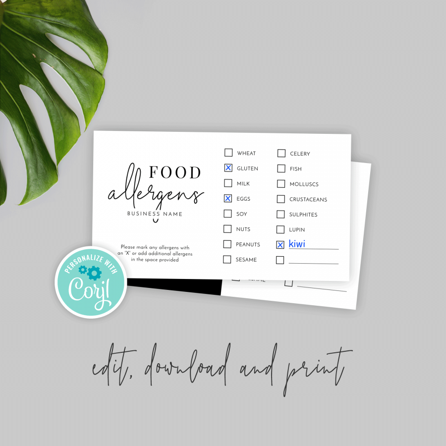 Food Allergens Template - Printable Allergy Checklist - Instant Card