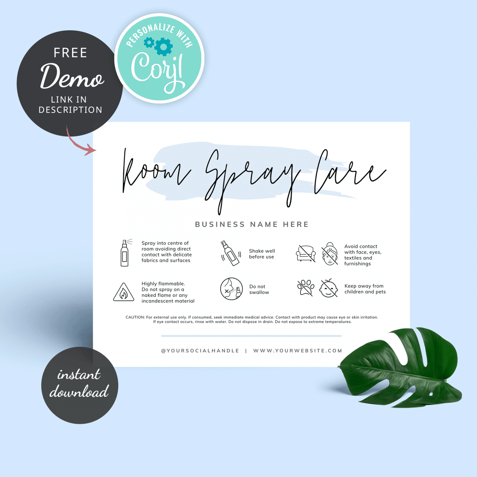 Room Spray Warning Card Template Printable Air Mist Care Card